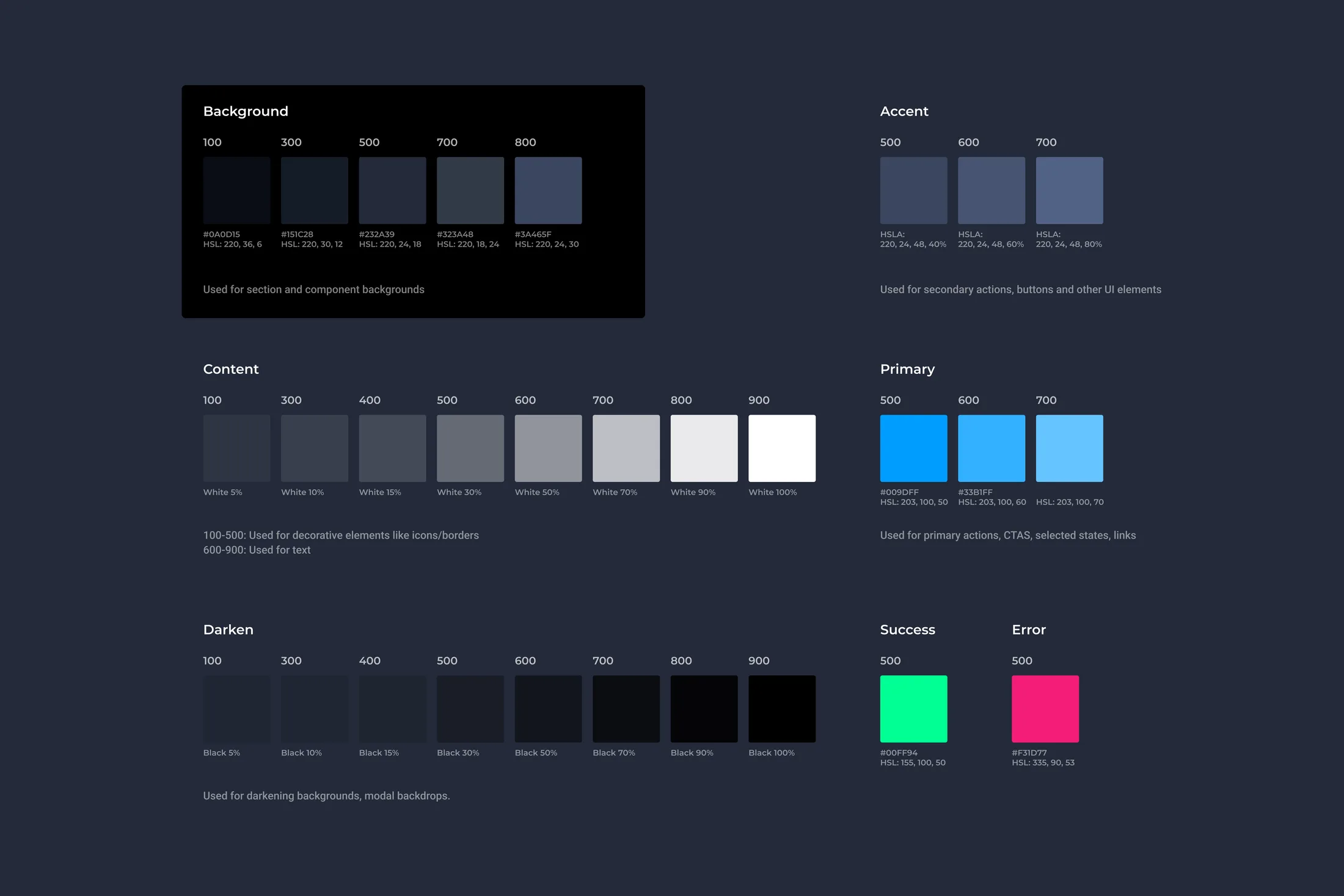Base UI color token scale for background, content, primary, accent, success, and error